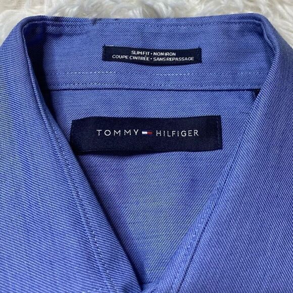Tommy Hilfiger Cotton Blue Long Sleeve Dress Shirt Small Slim Fit Non Iron - Picture 2 of 7